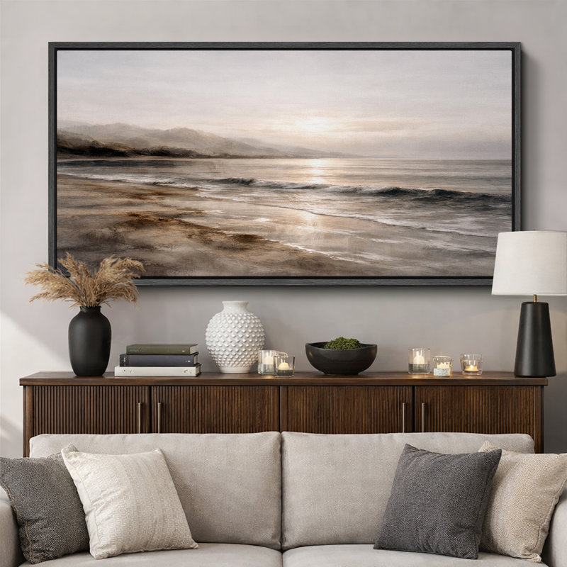 «Soft Coastal Shoreline Sunrise Seascape Neutral Ocean View», très grandes photos, impression sur toile encadrée, Noir