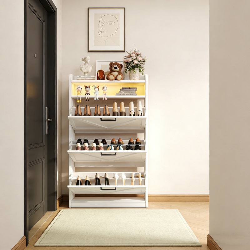 Narrow Wooden Shoe Cabinet With LED Drawers