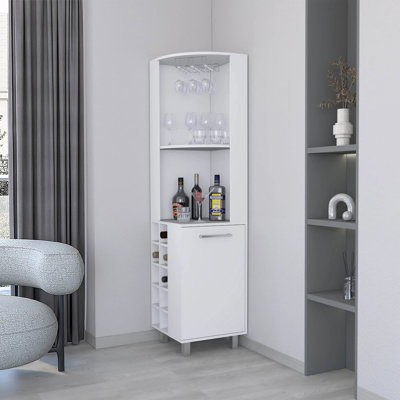 Wengue Corner Bar Cabinet With Glass Holder And Wine Rack