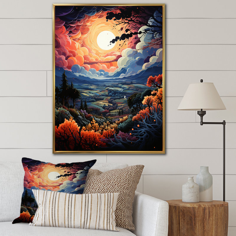 Un joli vignoble au coucher du soleil II, H 32 po x l 24 po x P 1 po, Cadre flottant doré