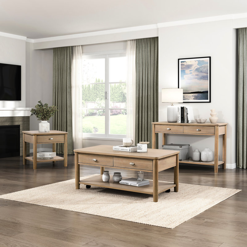 Table de bout polie avec tiroir et tablette ouverte en bois naturel