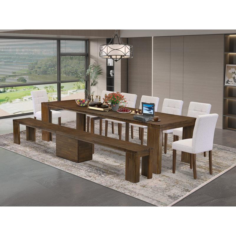 L'ensemble de table de cuisine 9 pièces Mid-Century comprend une table de cuisine rectangulaire extensible, 7 chaises de salle à manger en polyester et 1 banc moderne, noyer antique
