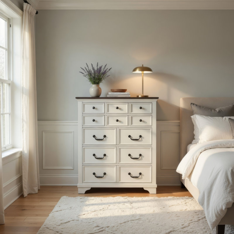 Commode haute Hamps, 5 tiroirs, blanc, bois massif brun foncé
