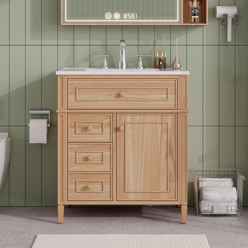 Meuble-lavabo simple sur pied l 30 po avec système de rangement à fermeture en douceur et tiroir rabattable, Brun