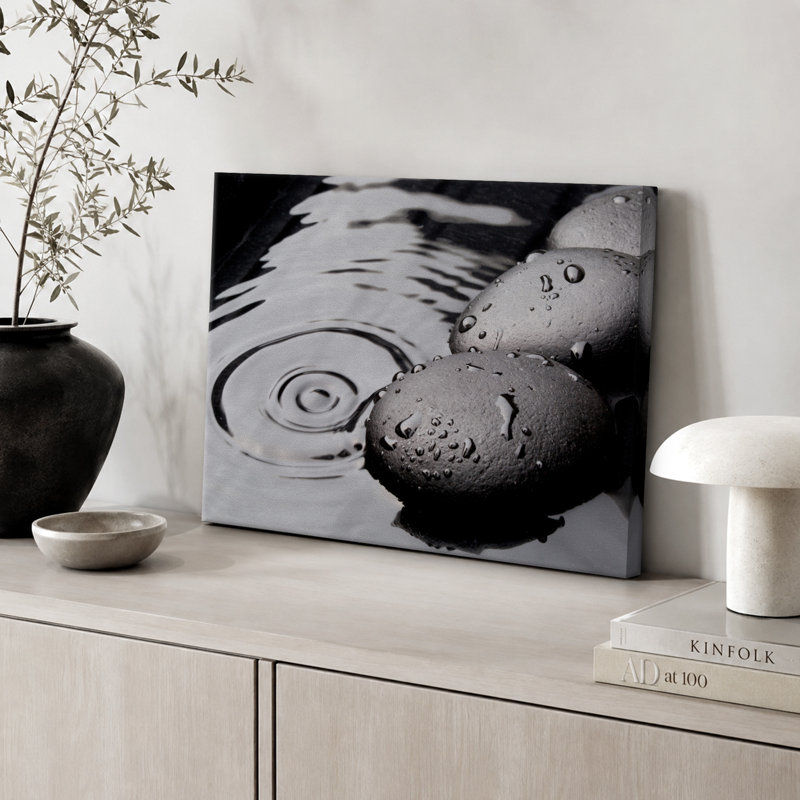Zen Zen Stone, "Black Spa Rock Ripples In The Water", Serene Calm, H 32 po x l 48 po, Toile tendue