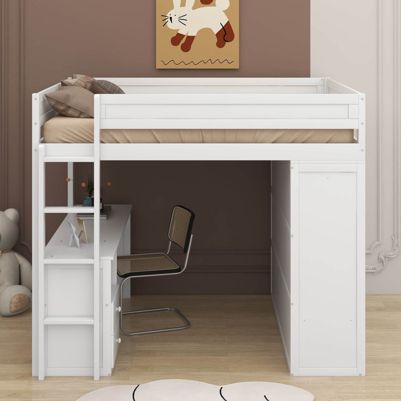 Lit mezzanine double avec placards et bureau, Blanc