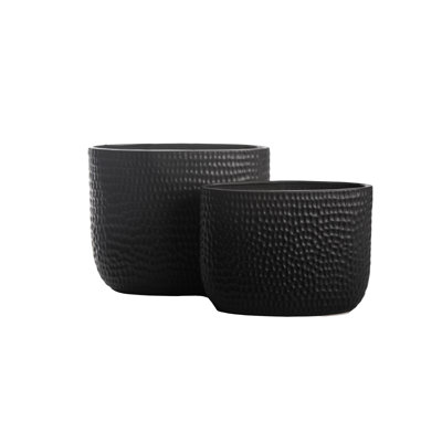 Ceramic Tall Oval Wide Opening Pot With Embossed Symmetric Pattern Design Body Set Of Two Matte Finish Black..14.50"x7.00"x11.75"h; 12.50"x5.00"x9.50"h