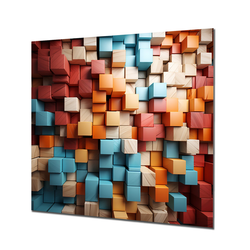 «Blue and Red Abstract Cubes I - Abstract Cubism», reproduction d'art murale en métal, H 16 po x l 16 po