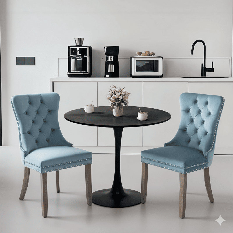 Round Dining Table Sets with 2 chairs, Sky Blue/Brown, Black