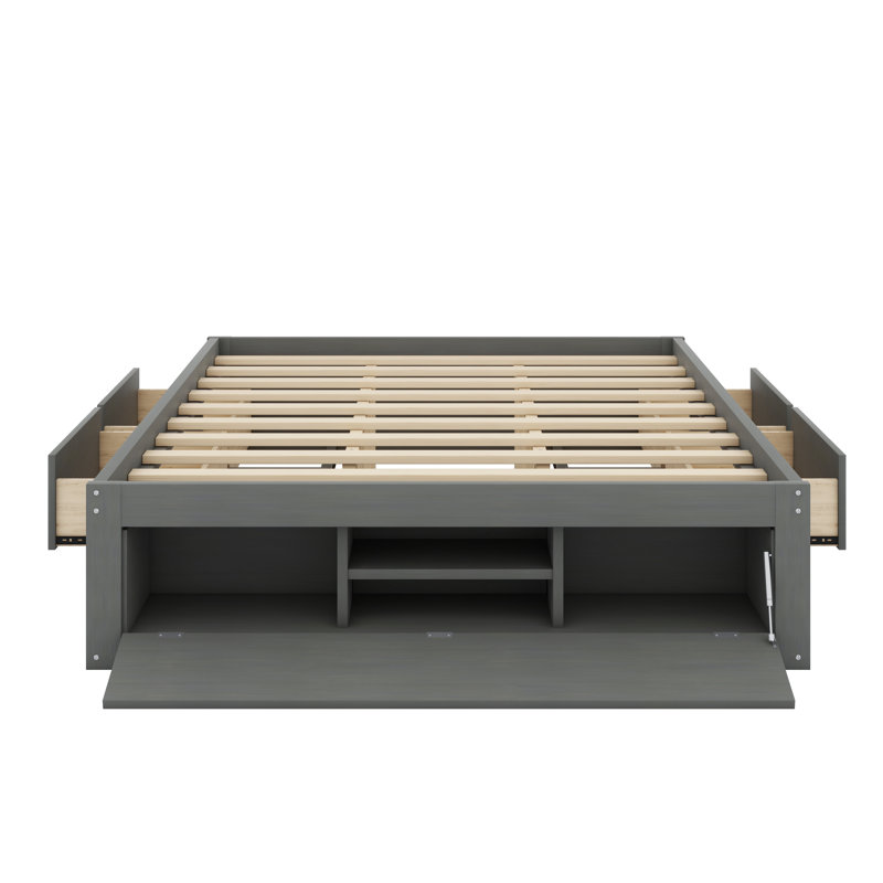 Lit plateforme contemporain avec mécanisme de levage de pied de lit et système de tiroir intégré, Antique Grey