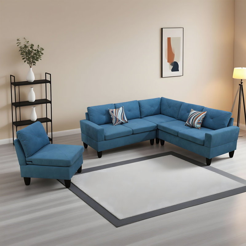 Canapé 5 places de qualité supérieure avec ressorts ultra-confortables et structure en bois massif durable, Noir, Bleu