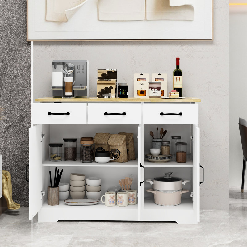 Buffet Buffet - blanc avec 3 tiroirs et portes pour les portes de style bureau à domicile, blanc, E1, entrée de cuisine adaptée