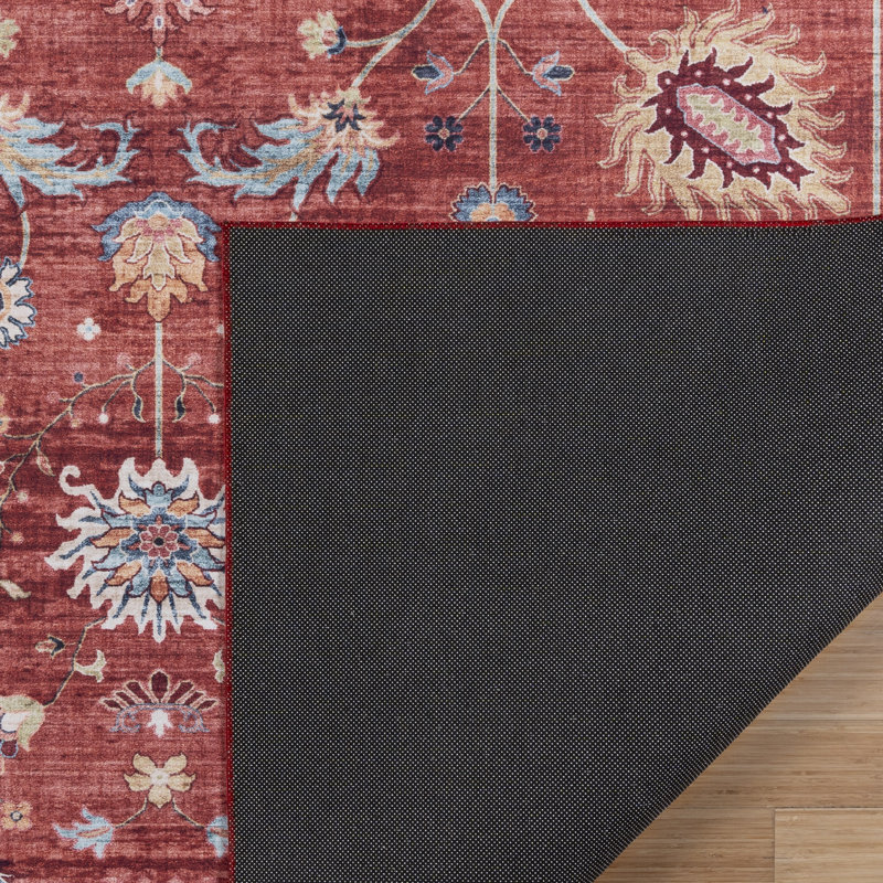 Samira Cullen Machine Washable Floral Border Red Cream Multi Indoor Area Rug, Transitional Flat Pile for Living Room & Bedroom - Red, 3x5