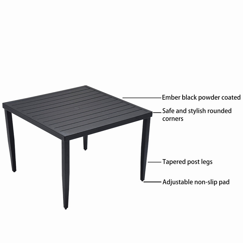 Table de salle à manger d'extérieur 40 po x 40 po avec pieds fuselés et trou pour parasol