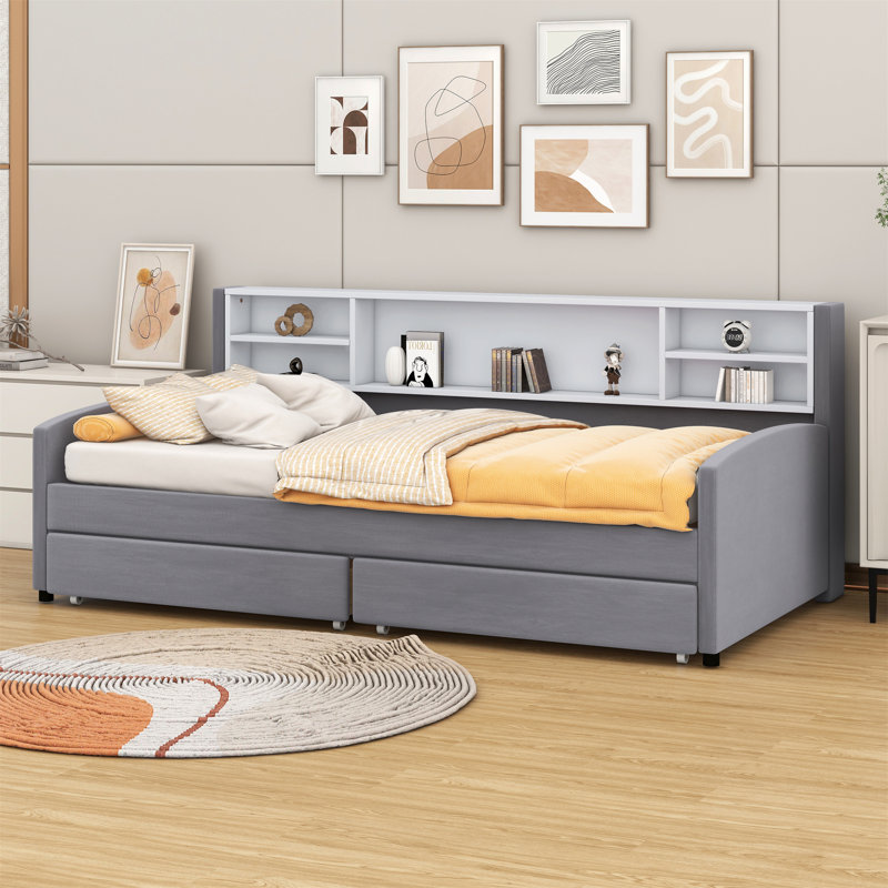 Lit plateforme tapissier avec rangement et tiroirs, Gris