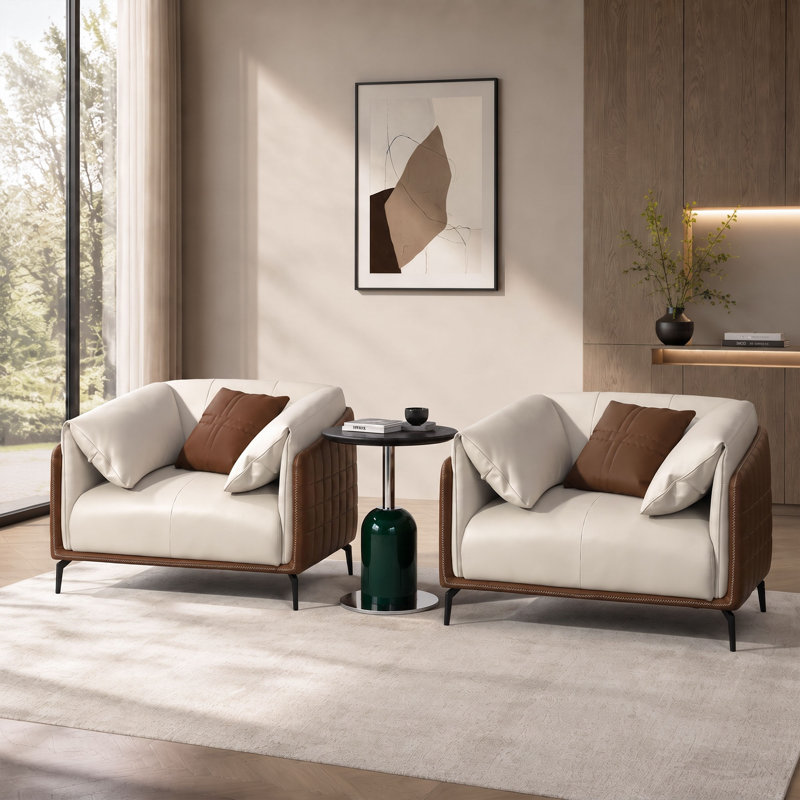 Ensemble de salon 3 pièces avec 2 fauteuils et une table de bout, un canapé simple en similicuir et une table d'appoint en bois massif de 3 pièces