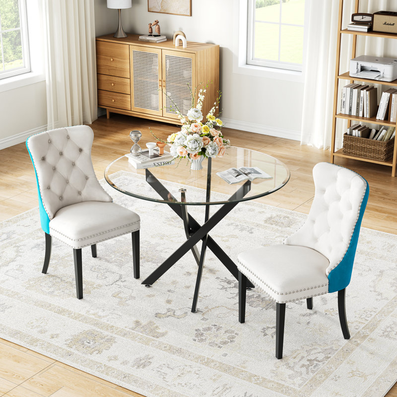 3-Piece Dining Table Set, 36" Round Tempered Glass Table And 2 Tufted Velvet Upholstered Chairs With Nailhead Trim And Pull Ring