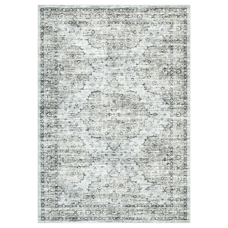 8x10 Rug Washable Vintage Distressed Oriental Large Rug Soft Bedroom Carpet Non-Slip Low Pile Living Room Large Rugs Retro Floral Floor Carpet for Farmhouse Home Decor Playroom, Blue Brown
