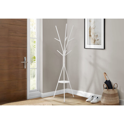 Coat Rack, 72"h, Bedroom, Entryway, Free Standing, Hall Tree, 6 Hooks, White Metal, Contemporary, Modern