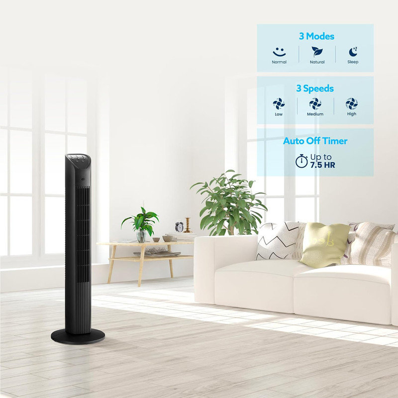 36" Black Oscillating Tower Fan with Remote Control
