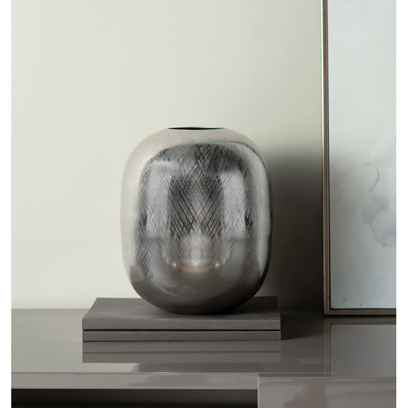 10.5x10.5x13" Aluminum Vase, Silver Streaks, 13" H x 10.5" W x 10.5" D