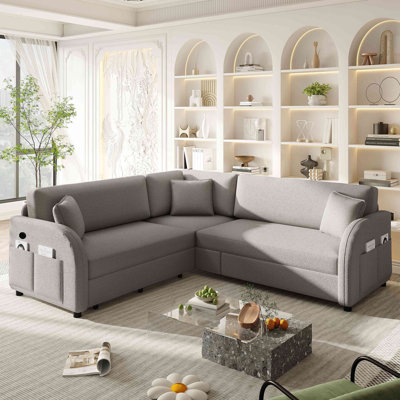L-Shaped Sofa Couch With Pull-Out Bed,Oversize Convertible Sleeper Sofa With Side Pocket & USB Port,Teddy Upholstered Sectional Couches