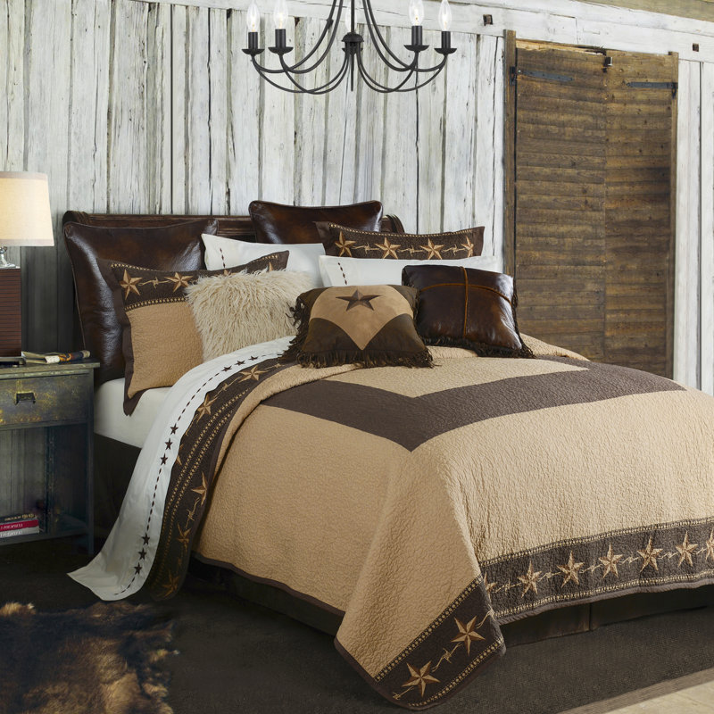 Rustic Star Brown Tan Reversible Western Rustic Quilt Set, Twin Quilt + 1 Sham