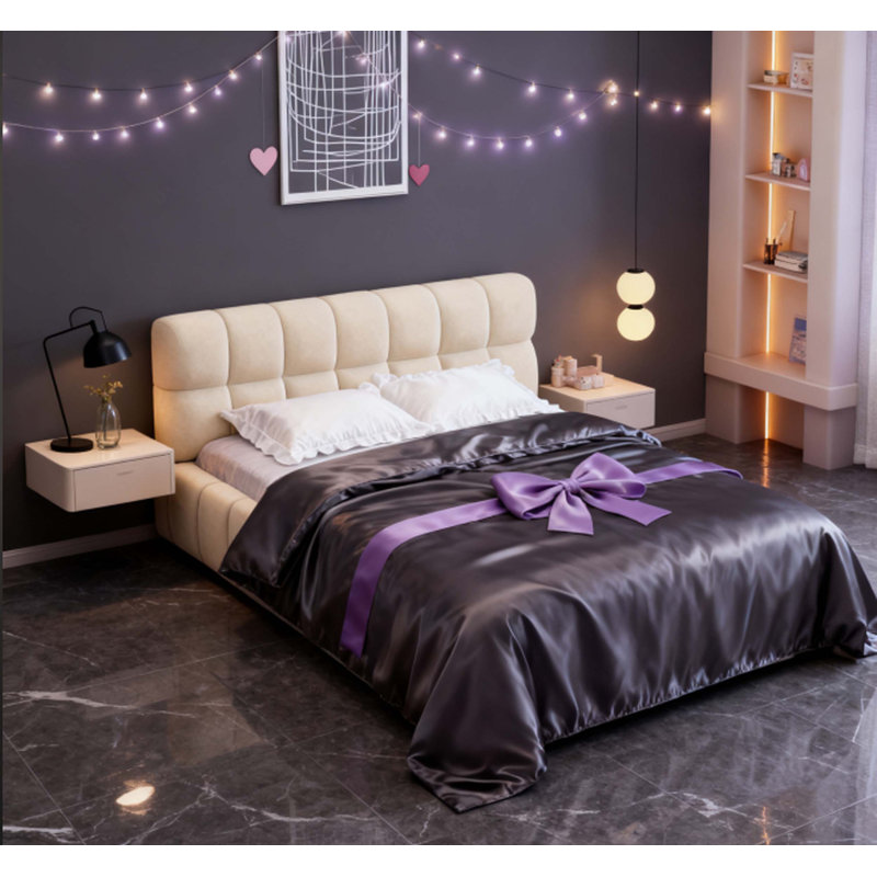 Queen Size Upholstered Platform Bed with Thick Fabric, Grounded Bed with Solid Frame, Beige