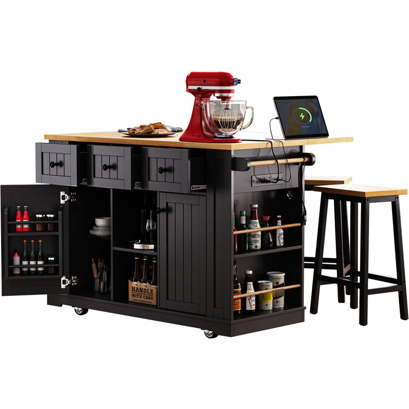 Kitchen Island Cart With 2 Stools, Power Supply, Internal Storage, Drop Leaf, 5 Side , 3 Drawers, For Gorgeous Spaces, Black Creative