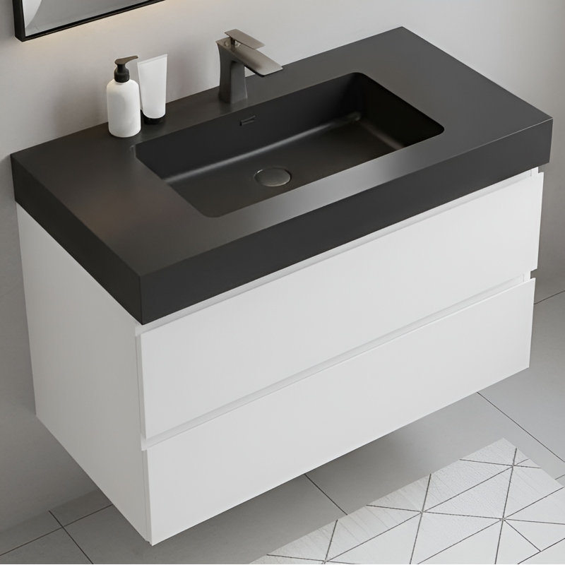 Meuble-lavabo simple 36 po avec surface solide et trop-plein, 36 po, pré-assemblé, Blanc lustré, Noir mat, 36"