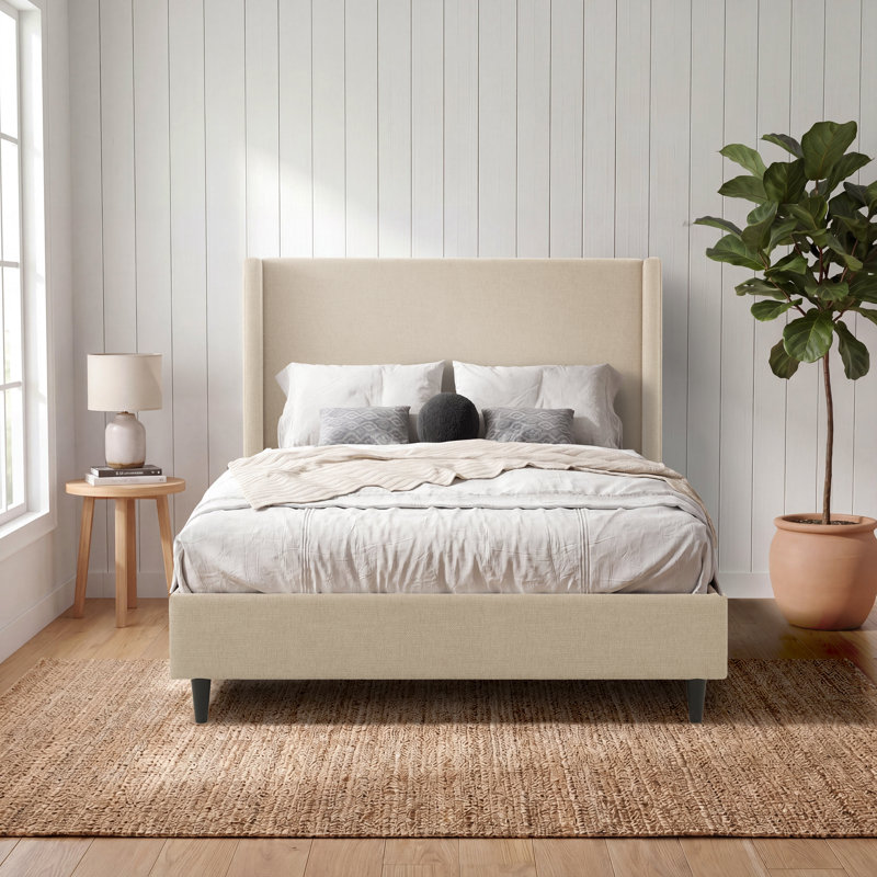 Ana Upholstered Wingback Platform Bed, Beige Canvas, Full