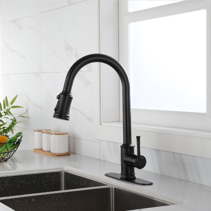 Robinet de cuisine rétractable à poignée simple avec accessoires, Noir mat