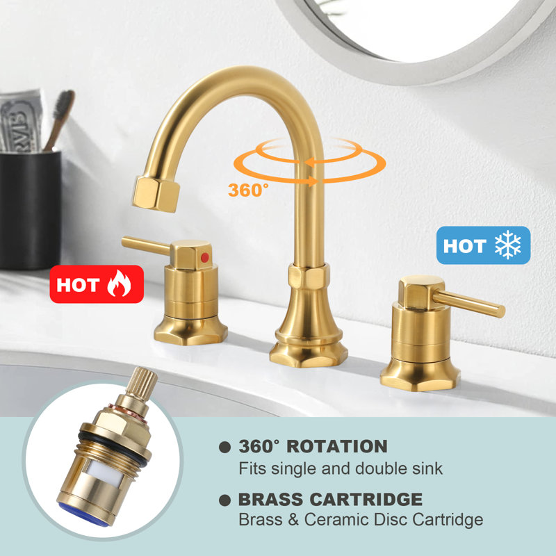 8 In. Widespread Double Handle High Arc Bathroom Faucet With Drain Kit Included In Brushed Gold, Gold