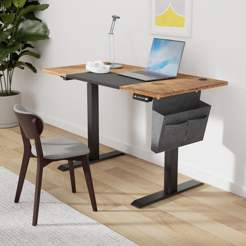 Hadrien Adjustable Metal Base Standing Desk with Power Outlet, Beige/White/White, 120cm H x 120cm W x 60cm D