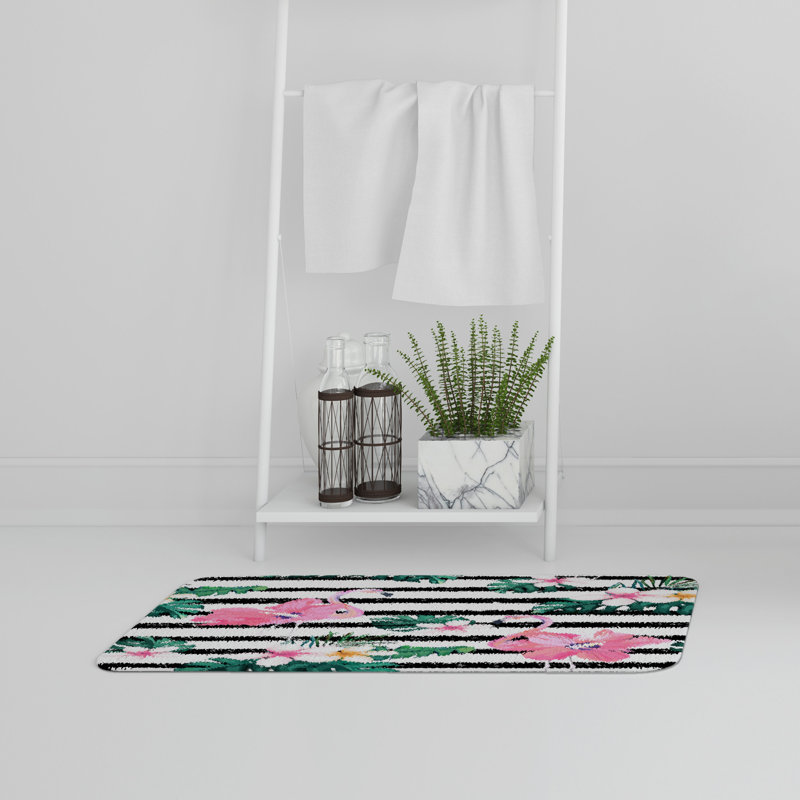 Akelah Memory Foam Non-Slip Bath Rug, Pink/Green/Black Floral 5