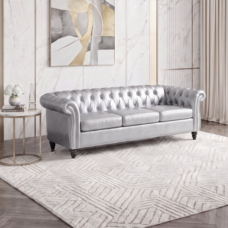 Canapé rembourré Chesterfield, Silver Faux Leather