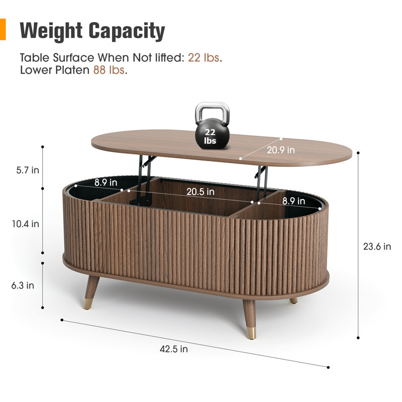 42.5" Oval Lift-Top Coffee Table, Fluted Center Table with Hidden Storage Compartment & Solid Wood Legs, Mid-Century Modern Coffee Table for Living Room, Walnut