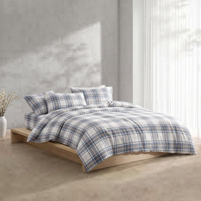 King Size Sheet Set, 4-Piece Soft Woven Microfiber Bedding with Deep Pockets, Blue and Grey Plaid, Wrinkle & Fade Resistant