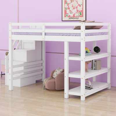 Lit mezzanine avec tablettes, escalier de rangement, petite armoire et lumière DEL blanche