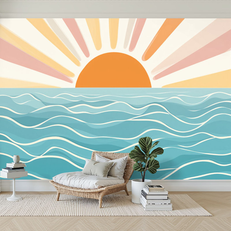 Papier peint adhésif auto-adhésif moderne l 144 po x H 100 po pour chambre à coucher Sunset Calm Waves Retro Colorful Rays