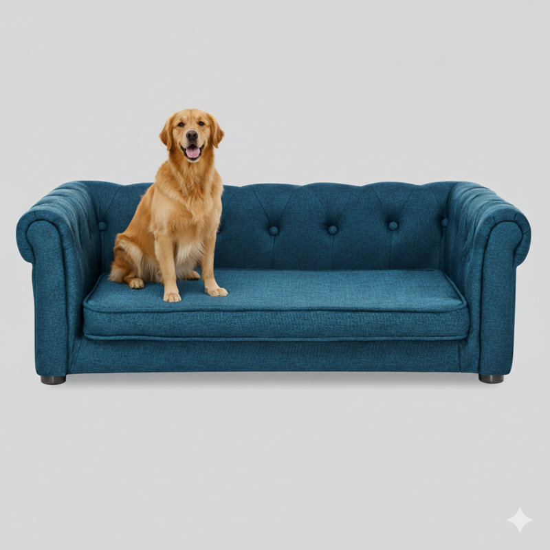 Élégante plateforme de repos pour animaux de compagnie rectangulaire convenant aux chiens de petite et moyenne race, canapé-lit surélevé robuste, canapé confortable pour chien, canapé contemporain et tendance pour chiens de petite et moyenne taille, finition bleue