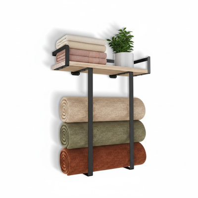 Wall-Mounted Metal Towel Rack with Wood Shelf