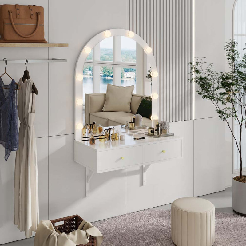 Meuble-lavabo flottant avec miroir et 3 lumières de couleur, coiffeuse murale avec prise de courant, meuble-lavabo compact, grand rangement, blanc