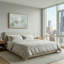 Art mural sur toile, branches de fleurs blanches et feuilles vertes sur fond bleu-132447323