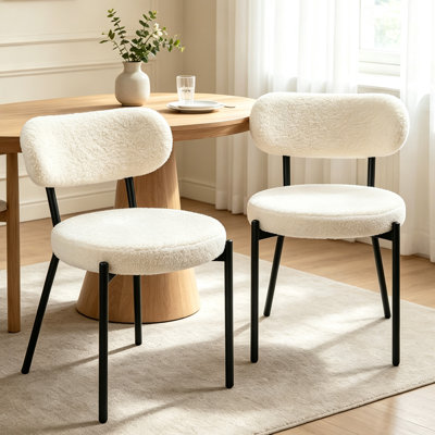 Dining Chairs Set of 2 pcs, Boucle Comfortable Upholstered Seat Fabric with Curved Backrest, White