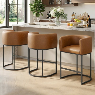  Mid-century  Modern PU Leather Counter Stool Barrel Counter Height Stools Set of 3