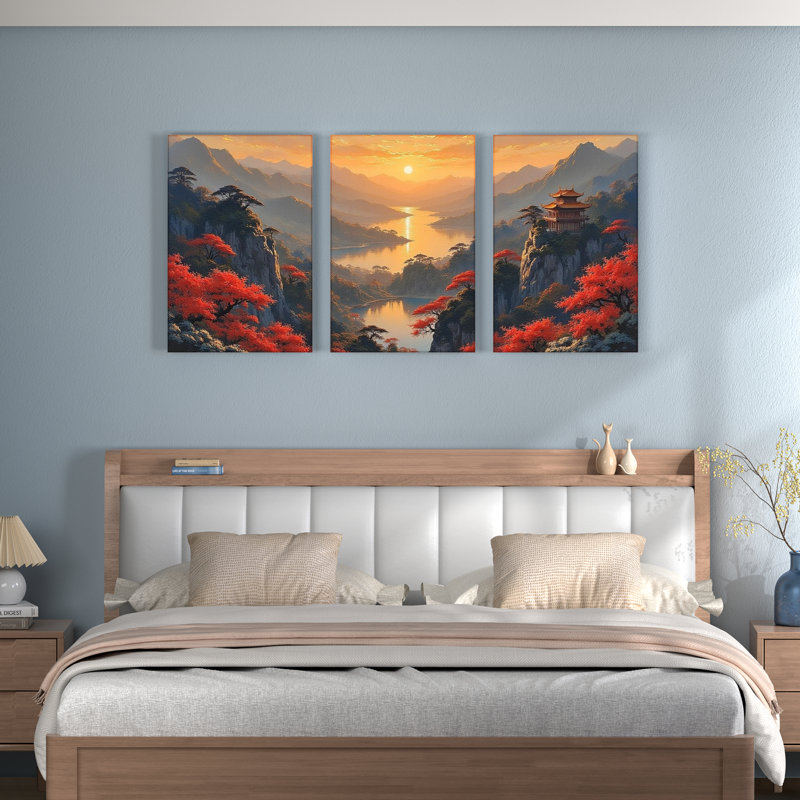 Paysage de montagne d'automne avec érables rouges et pagode - Tableau sur toile (lot de 3), H 30 po x l 60 po