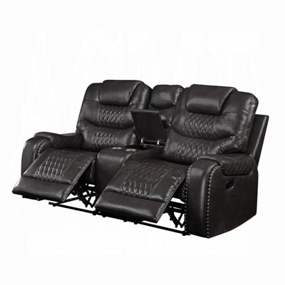 Braylon Contemporary Magnetite Synthetic Leather Motion Loveseat With Console & Nailhead Trim