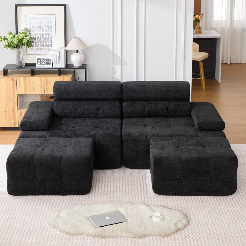 Canapé modulaire à compression de 99 po avec repose-pieds et dossier haut, Noir