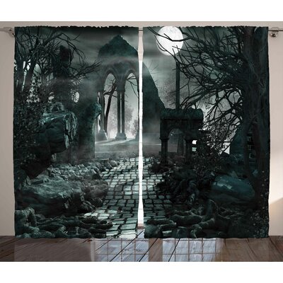 Gothic Full Moon Light over Medieval Temple Ruins at Night Dark Scary Backdrop Image Graphic Print & Text Semi-Sheer Rod Pocket Curtain Panels -  Ambesonne, p_26247_108x84